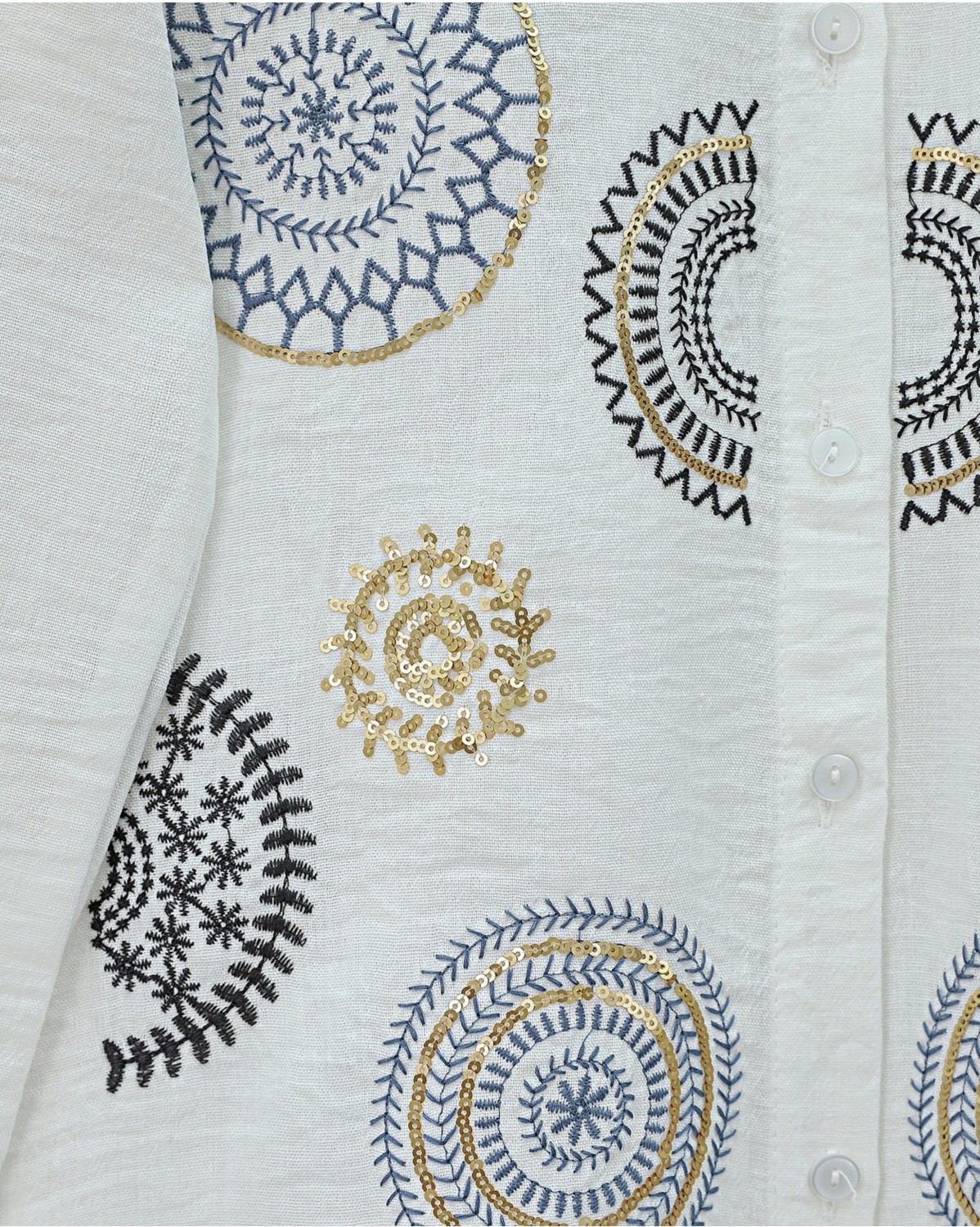 Moda Morfo Kolu Ve Önü Nakış İşlemeli Düğmeli Keten Gömlek -Beyaz görsel 4