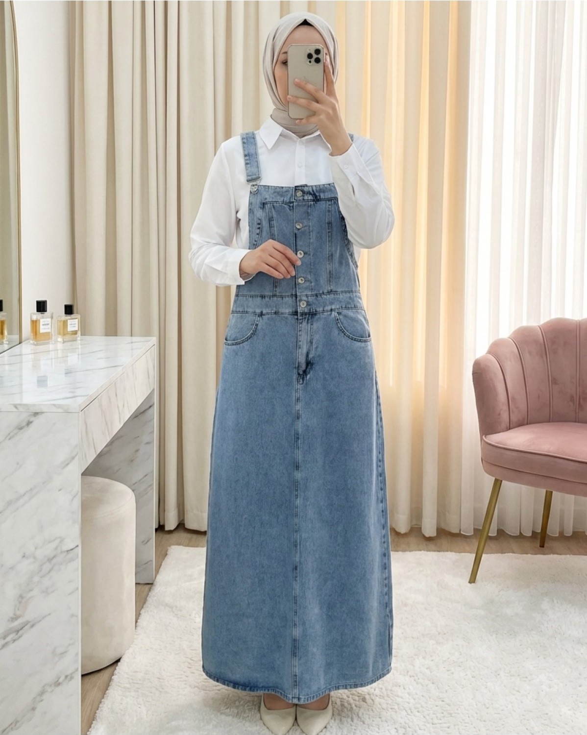 Moda Morfo Yarım Düğmeli Cepli Kot Salopet -Buz Mavi