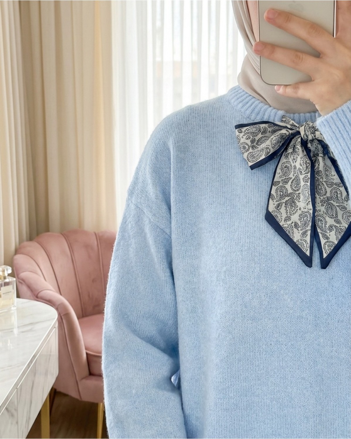 Moda Morfo Yakası Fular Detaylı Yumoş Triko Kazak -Gri