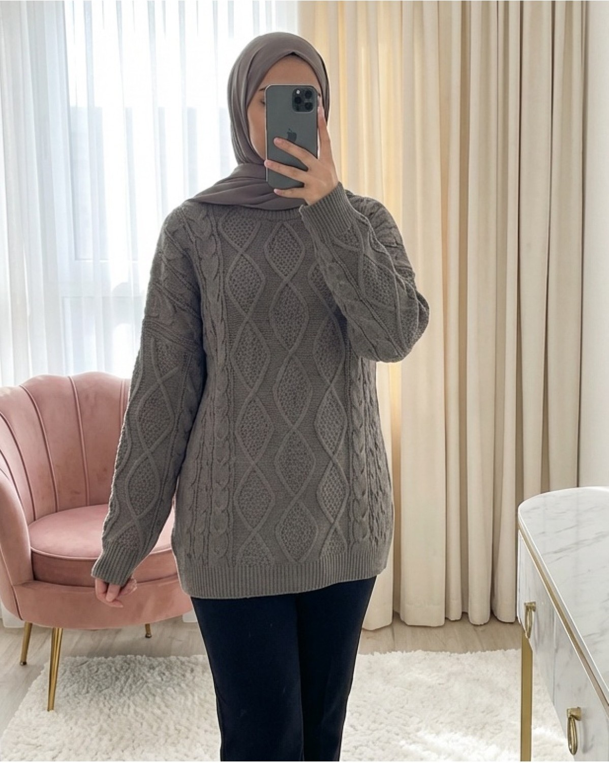 Moda Morfo Petek Desen Kışlık Salaş Triko Kazak -Taş görsel 6