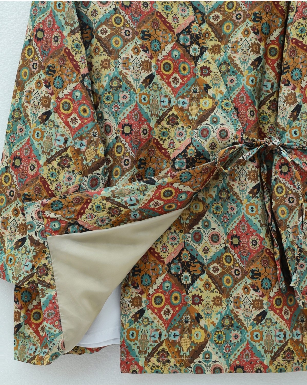 Moda Morfo Beli Bağlamalı Cepli Desenli Astarlı Kapitone Kimono -Bej görsel 4