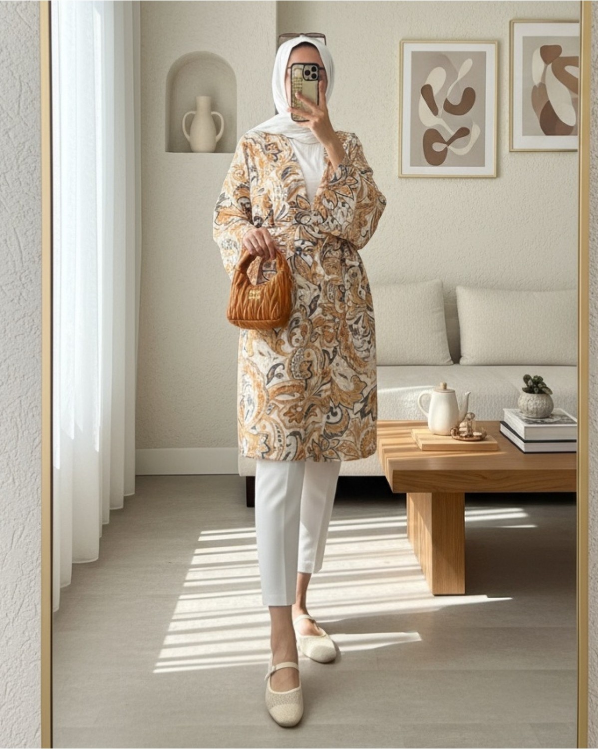 Moda Morfo Beli Bağlamalı Etnik Desen Modal Kimono -Bej