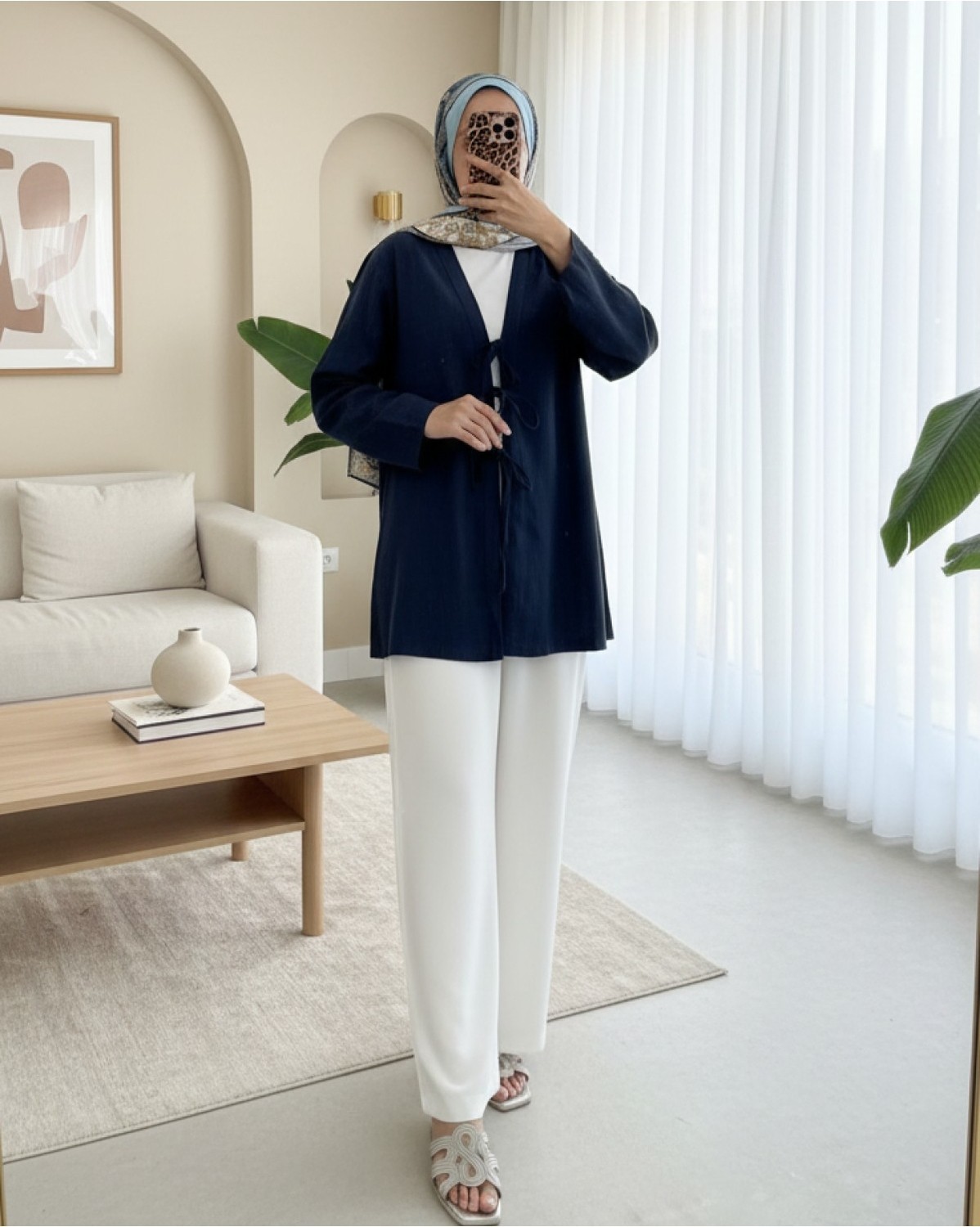 Moda Morfo Önü Üç Bağcıklı Keten Kimono -Pudra