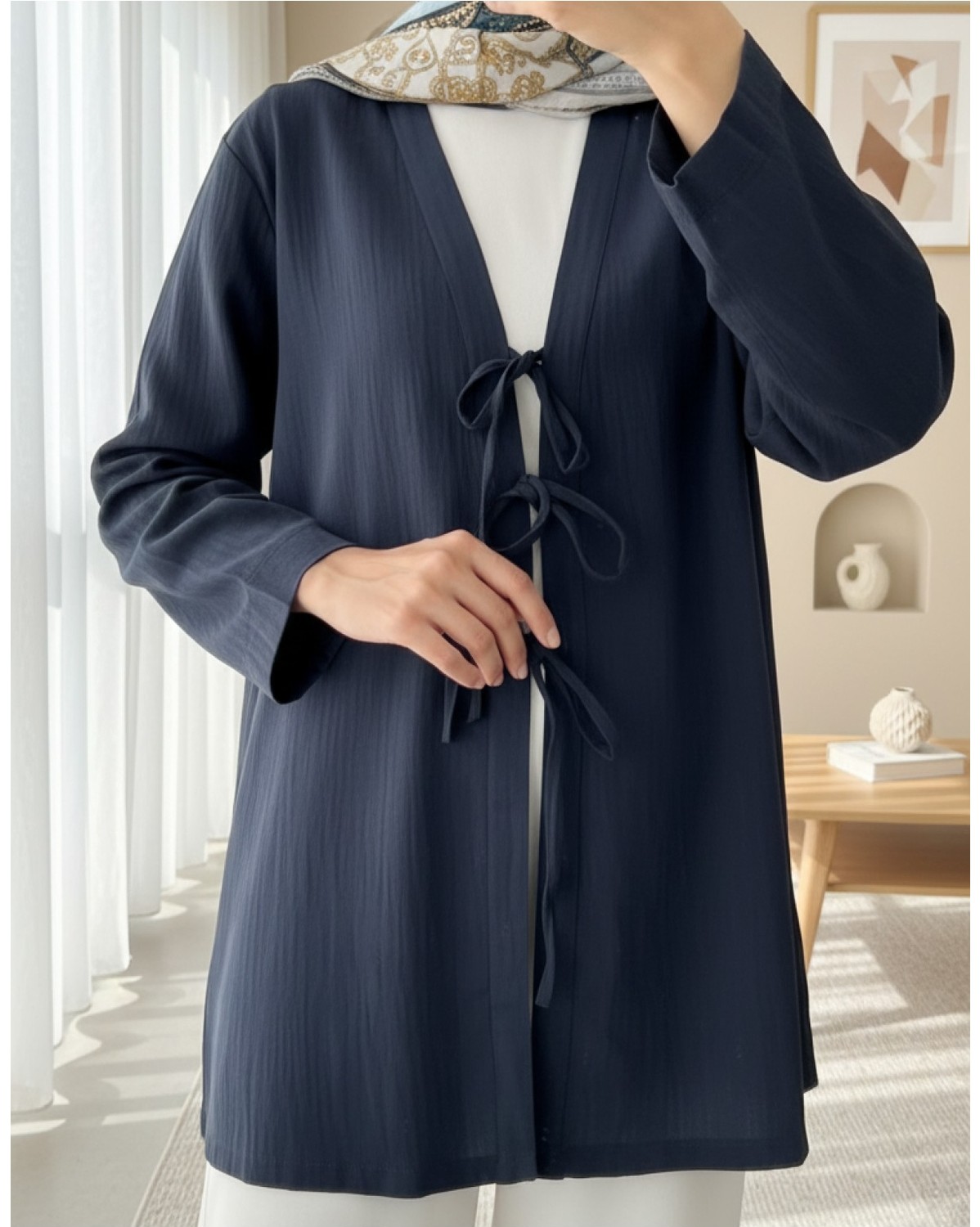 Moda Morfo Önü Üç Bağcıklı Keten Kimono -Pudra görsel 2