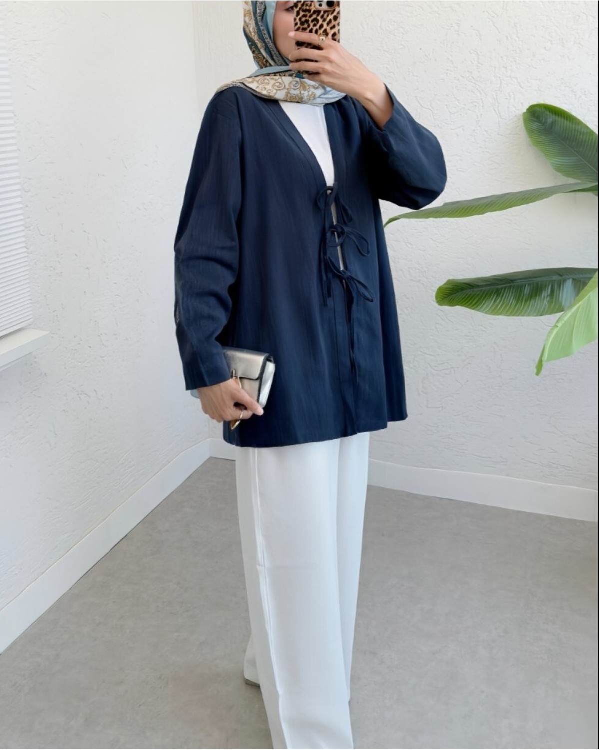 Moda Morfo Önü Üç Bağcıklı Keten Kimono -Pudra görsel 3