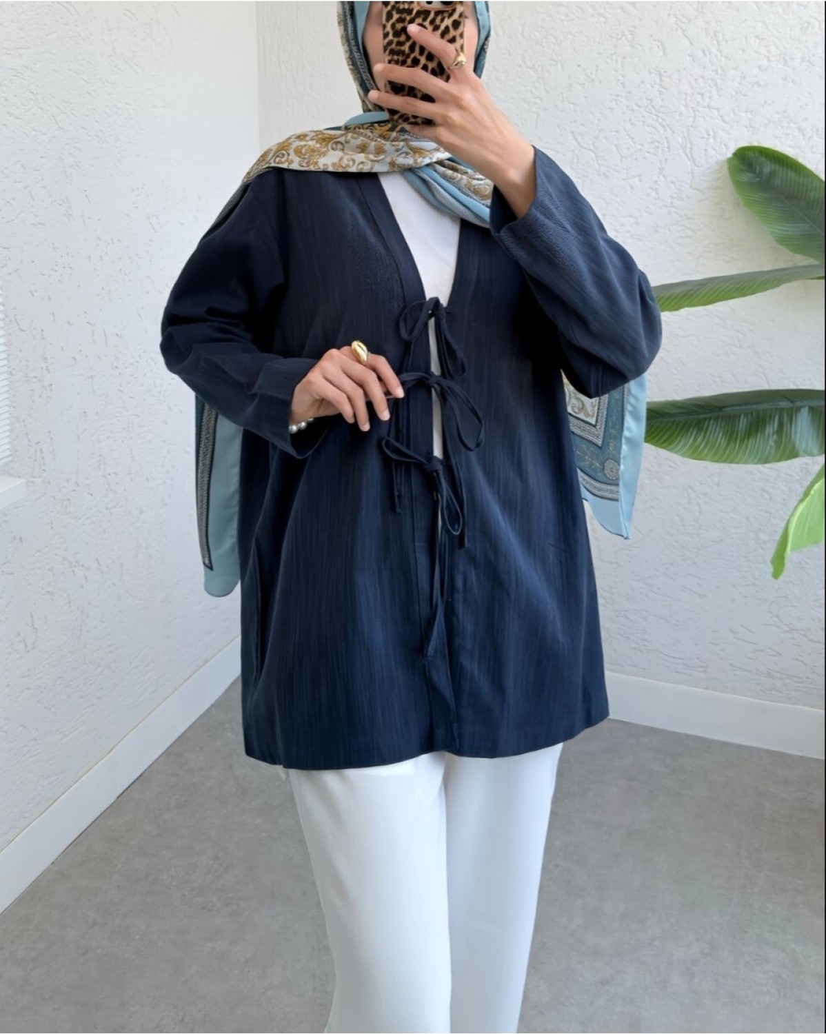 Moda Morfo Önü Üç Bağcıklı Keten Kimono -Pudra görsel 4
