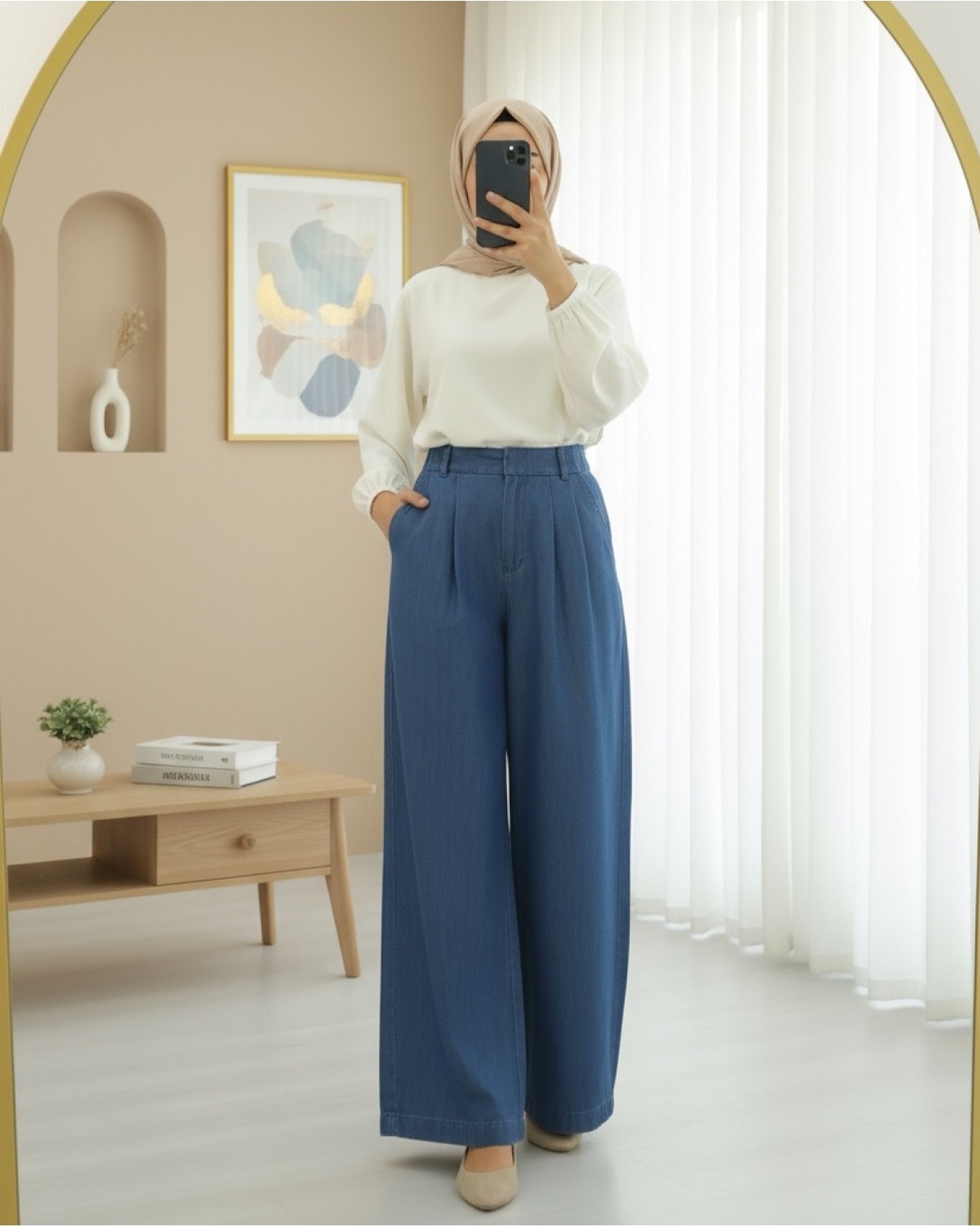 Moda Morfo Yarım Lastikli Çift Cepli Bol Paça Kot Pantolon -Açık Mavi