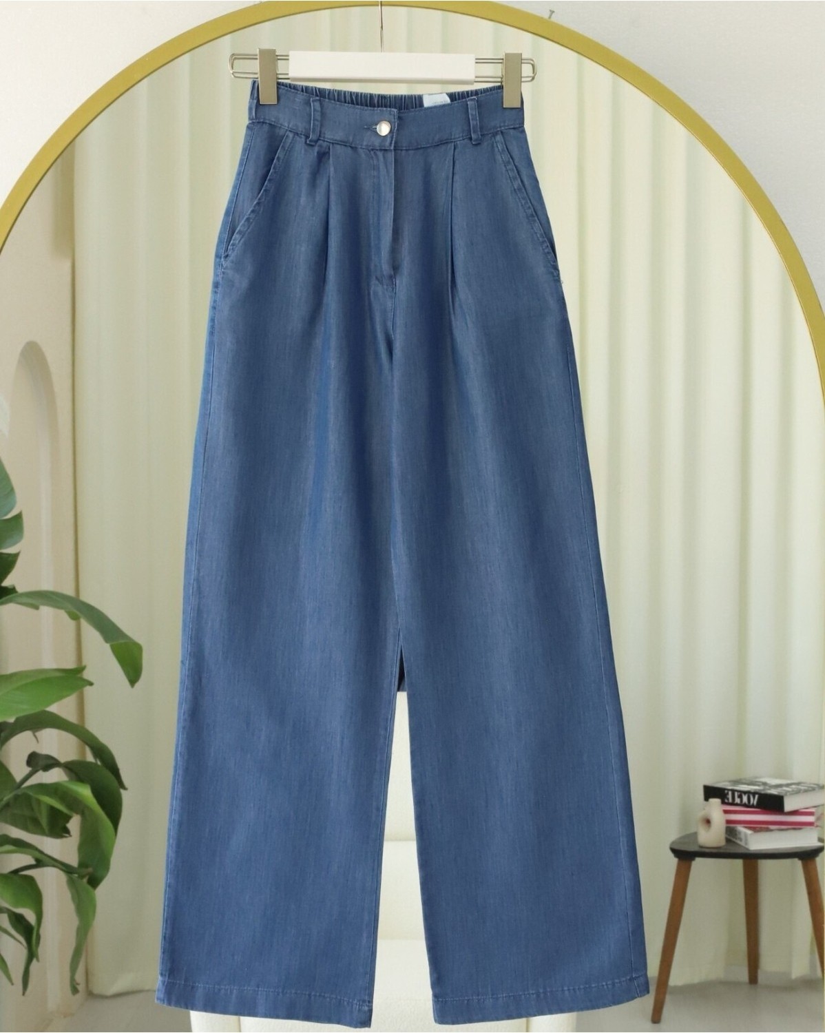 Moda Morfo Yarım Lastikli Çift Cepli Bol Paça Kot Pantolon -Açık Mavi görsel 8