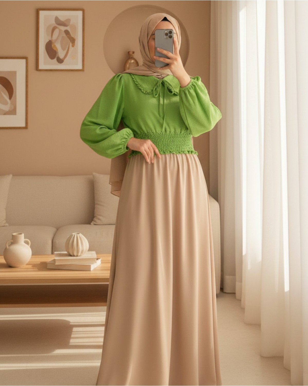 Moda Morfo Beli Lastikli Bebe Yaka Uzun Kol Bluz -Yeşil