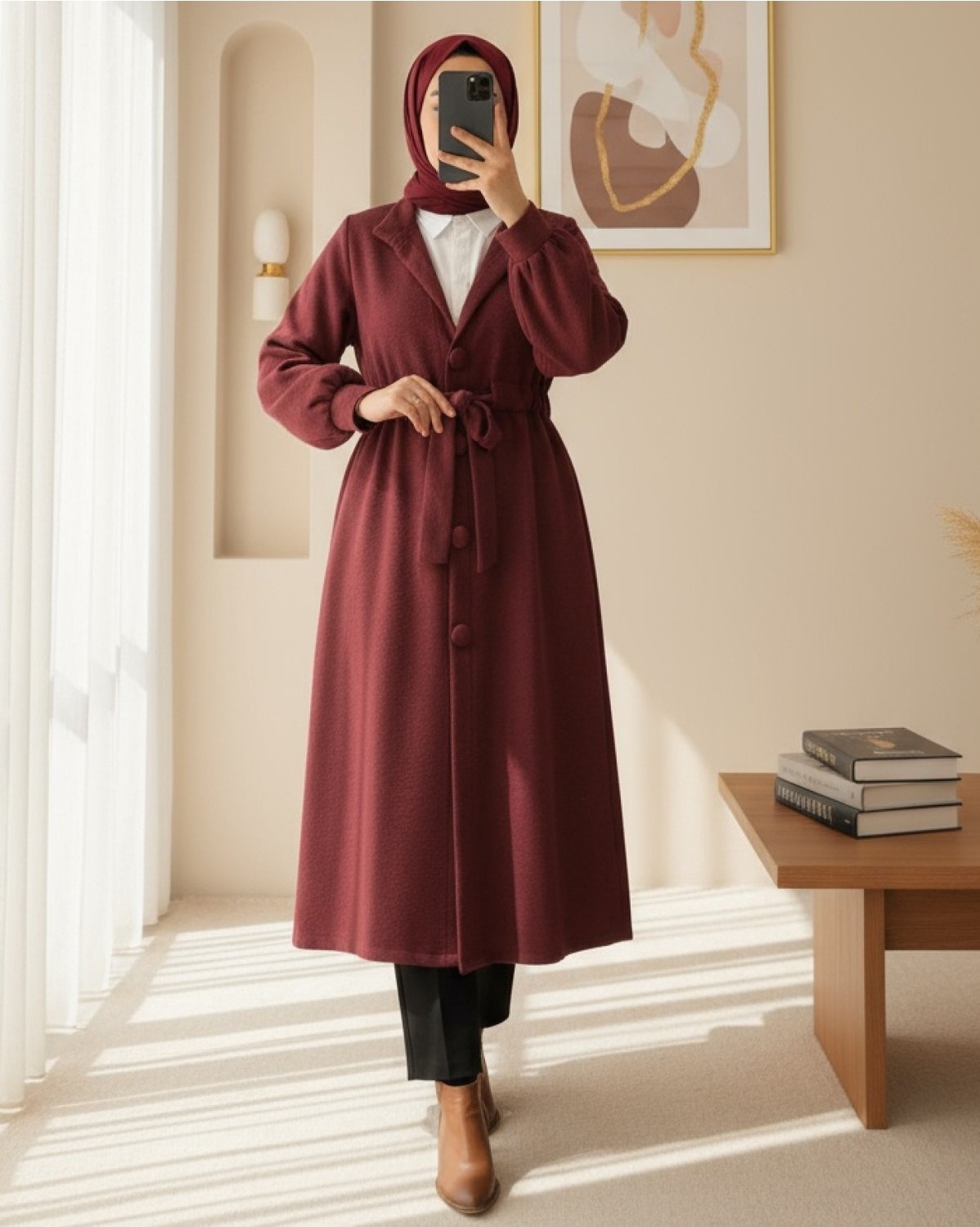 Moda Morfo Hakim Yaka Tünel Bağcıklı Kaşe Kaban -Bordo