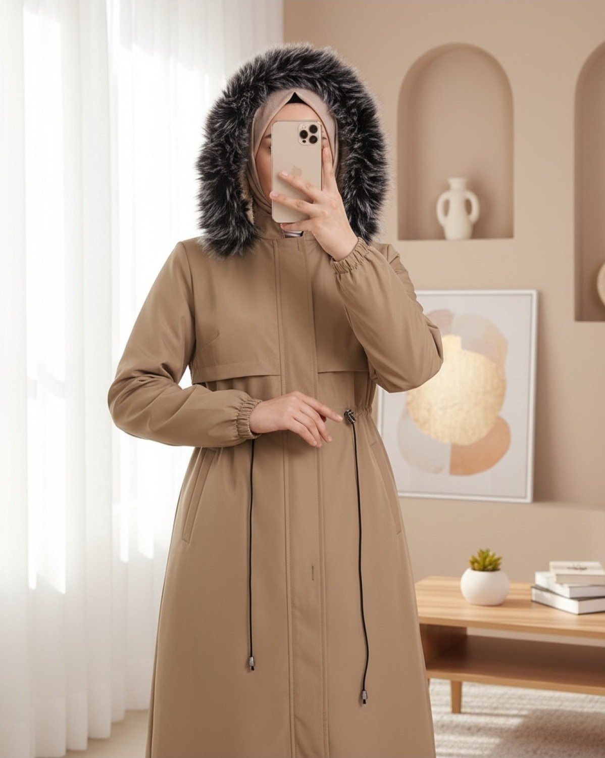 Moda Morfo Çıkma Kapşonlu Tünel Bağcıklı Bondit Kaban -Haki