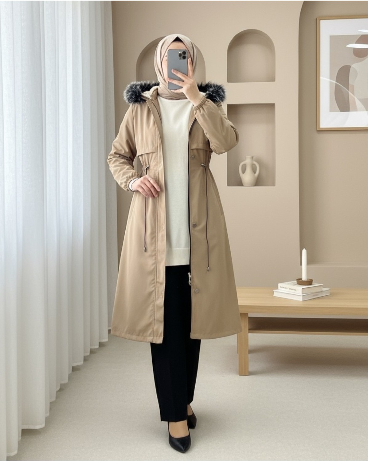 Moda Morfo Çıkma Kapşonlu Tünel Bağcıklı Bondit Kaban -Haki görsel 2