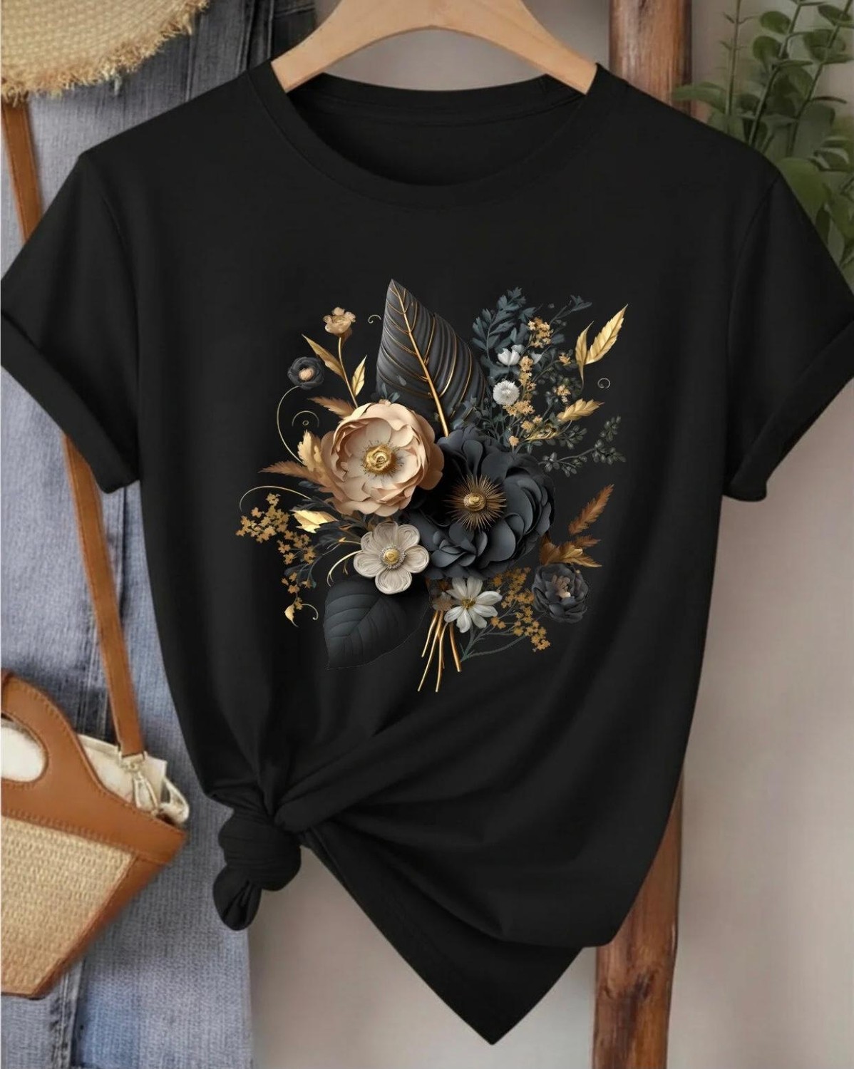 Nigrum Pardus Nıgrum Pardus Yeni Sezon Black Flower Bouquet Baskılı %100 Pamuk Büyük Beden Kadın T-Shirt görsel 4