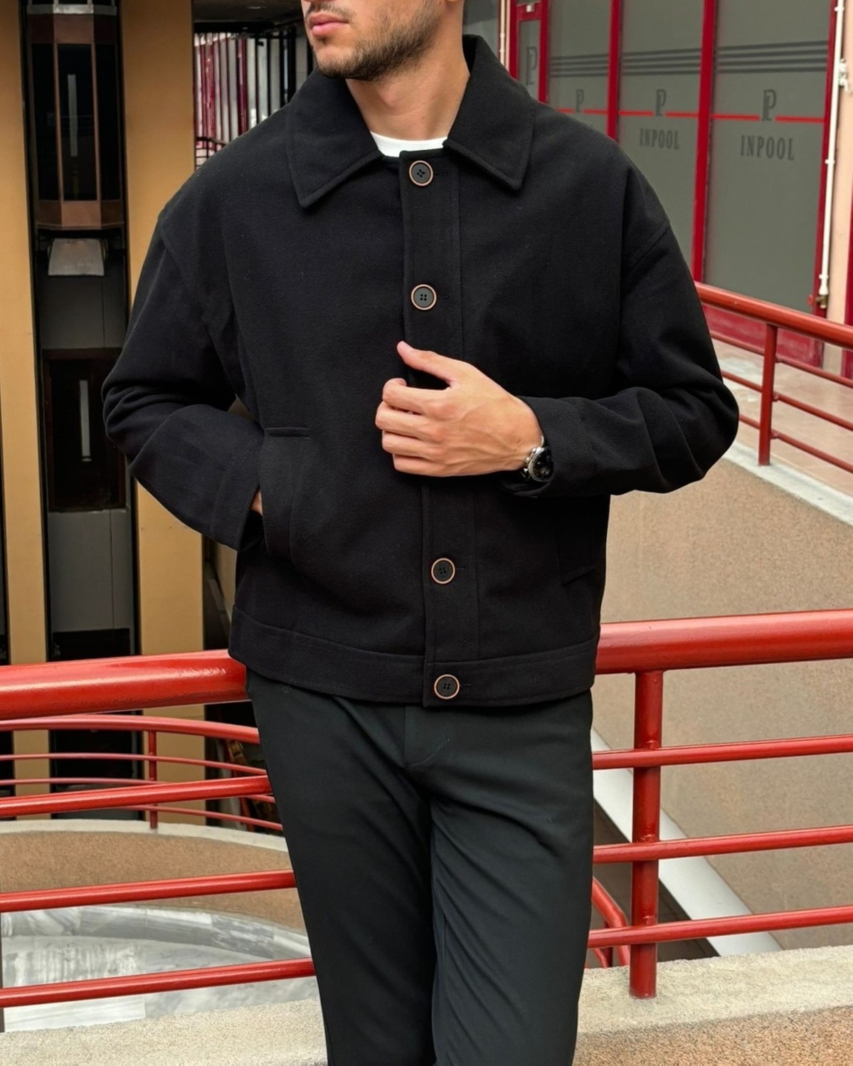 İnpool Gömlek Yaka, Oversize-Fit, Old Money Culture, Düğmeli, Kaşe Kumaş Ceket 24USEC05 görsel 4