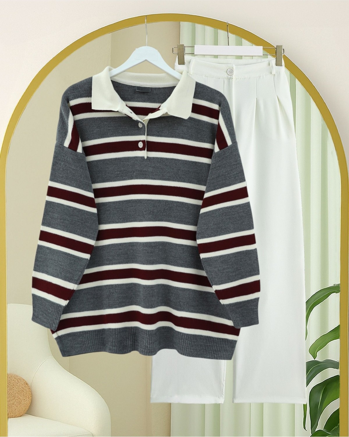 Moda Morfo Polo Yaka Yarım Düğmeli Renkli Çizgili Triko Kazak -Füme görsel 2
