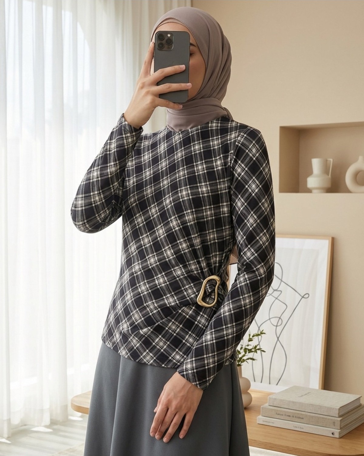 Moda Morfo Yanı Tokalı Ekose Desenli Bluz -Siyah