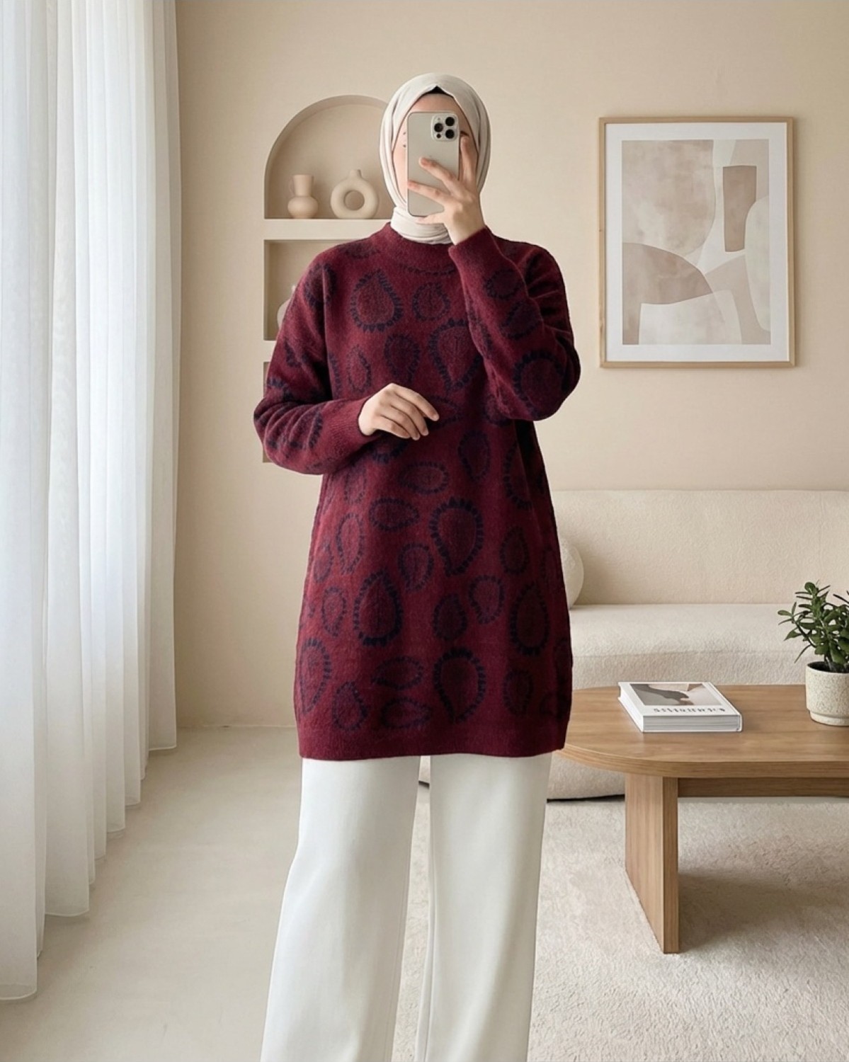 Moda Morfo Dik Yaka Damla Desenli Sakallı Salaş Triko Kazak -Laci