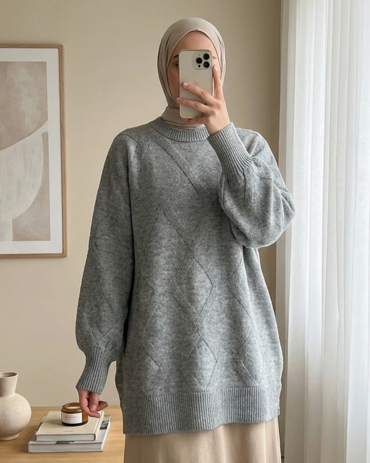 Moda Morfo Baklava Desenli Yumoş Triko Tunik -Gri