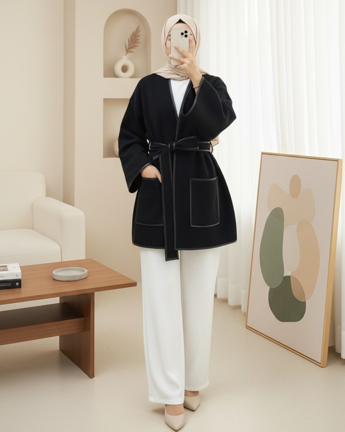 Moda Morfo Biye Detaylı Çift Cepli Kuşaklı Kaşe Kimono -Kahve