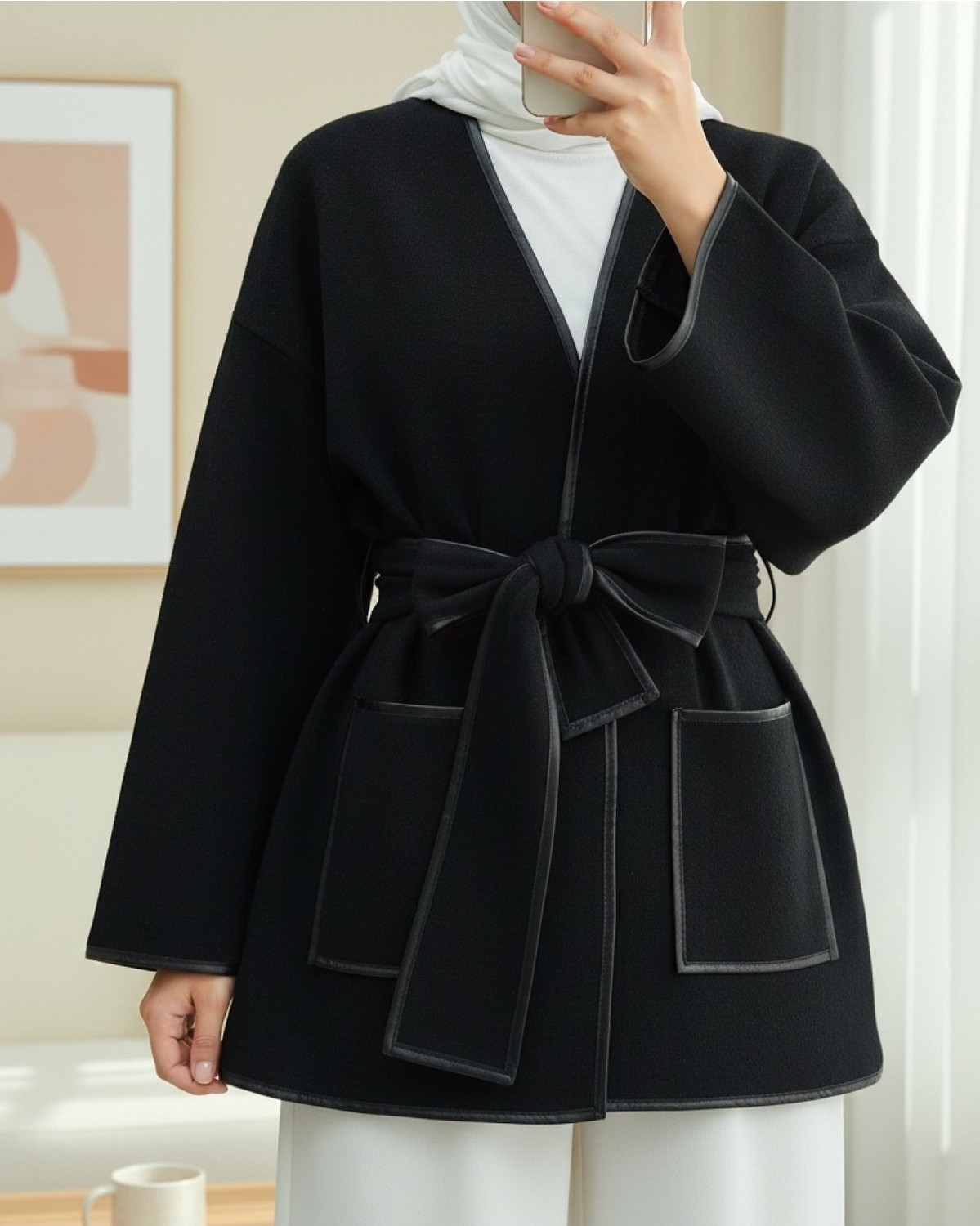 Moda Morfo Biye Detaylı Çift Cepli Kuşaklı Kaşe Kimono -Kahve görsel 2
