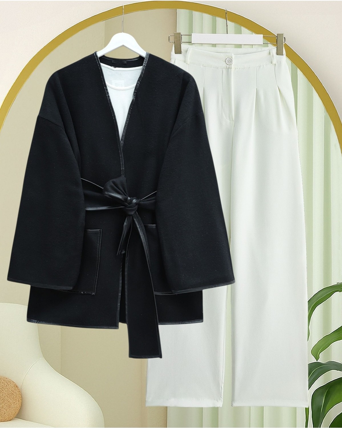 Moda Morfo Biye Detaylı Çift Cepli Kuşaklı Kaşe Kimono -Kahve görsel 3