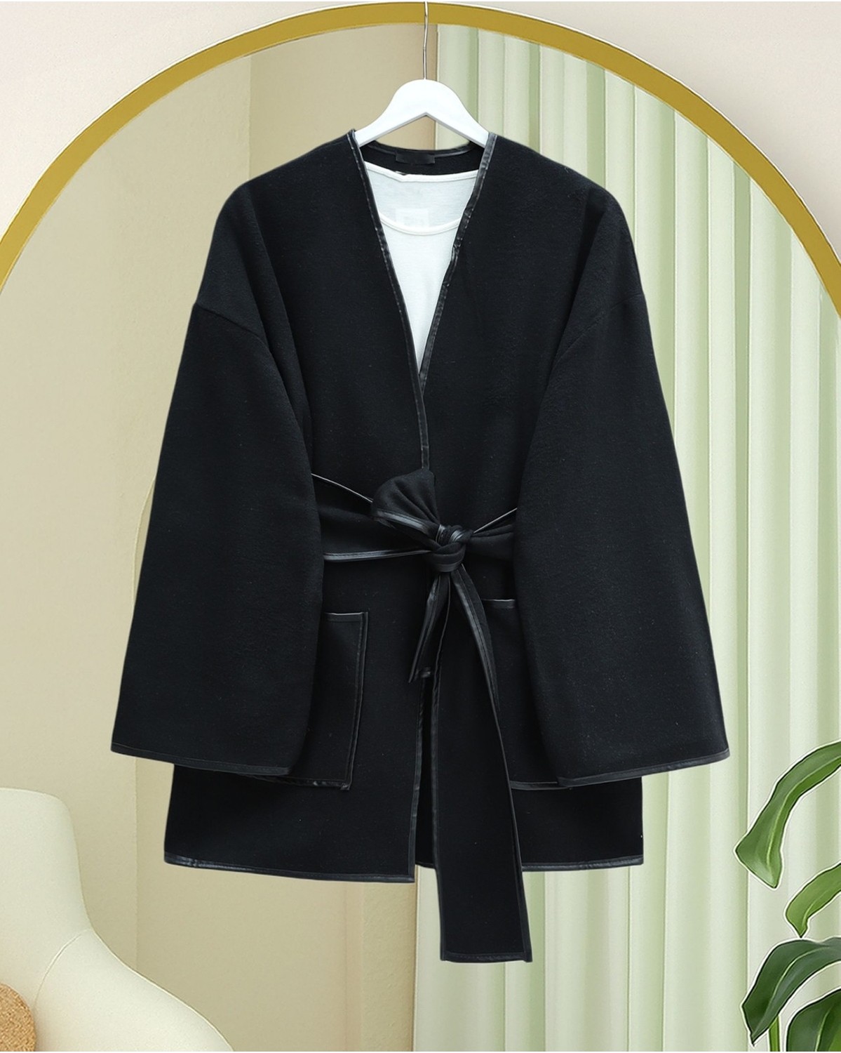 Moda Morfo Biye Detaylı Çift Cepli Kuşaklı Kaşe Kimono -Kahve görsel 4