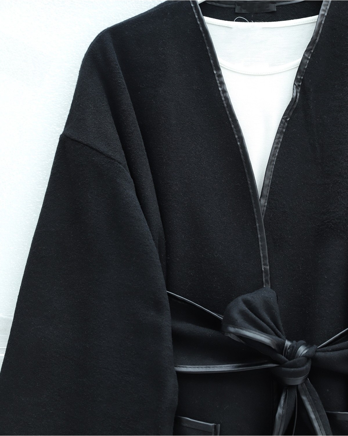 Moda Morfo Biye Detaylı Çift Cepli Kuşaklı Kaşe Kimono -Kahve görsel 5