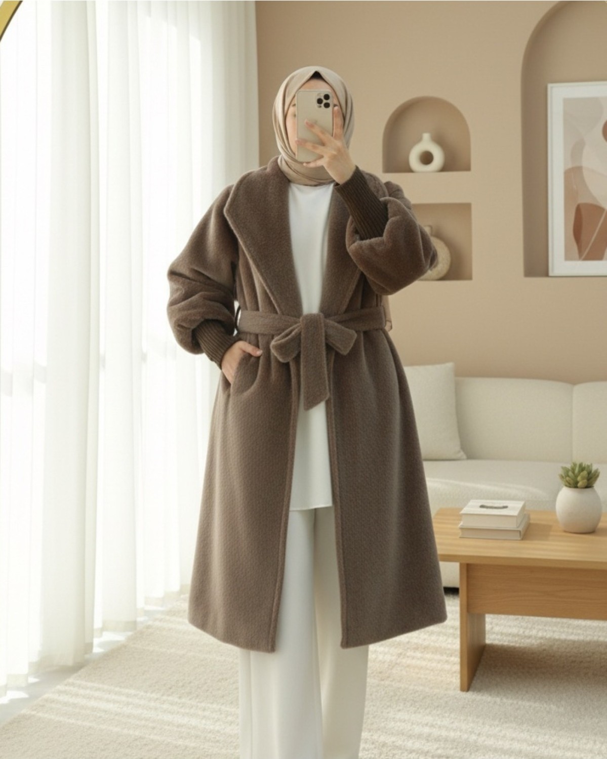 Moda Morfo Kolu Ribanalı Şal Yaka Astarlı Kaşe Kaban -Toprak görsel 3