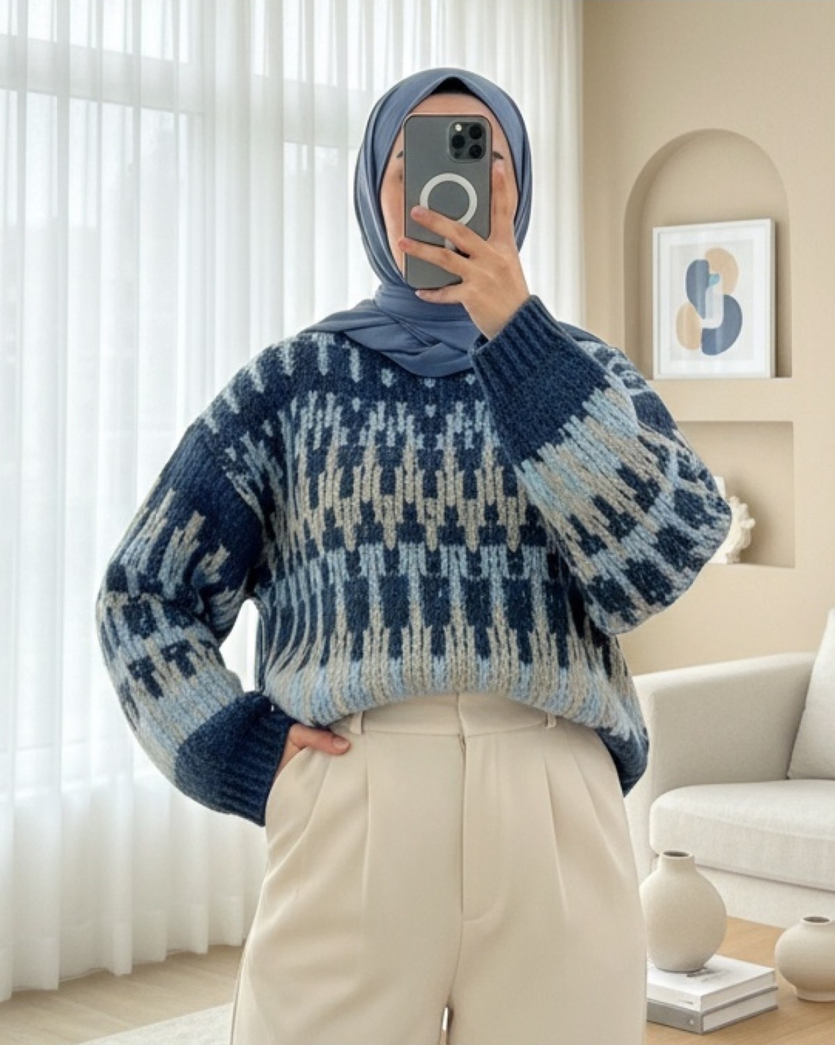 Moda Morfo Karışık Desenli Yuvarlak Yaka Örme Triko Kazak -İndigo