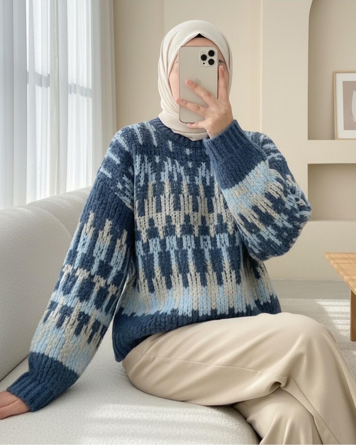 Moda Morfo Karışık Desenli Yuvarlak Yaka Örme Triko Kazak -İndigo görsel 2