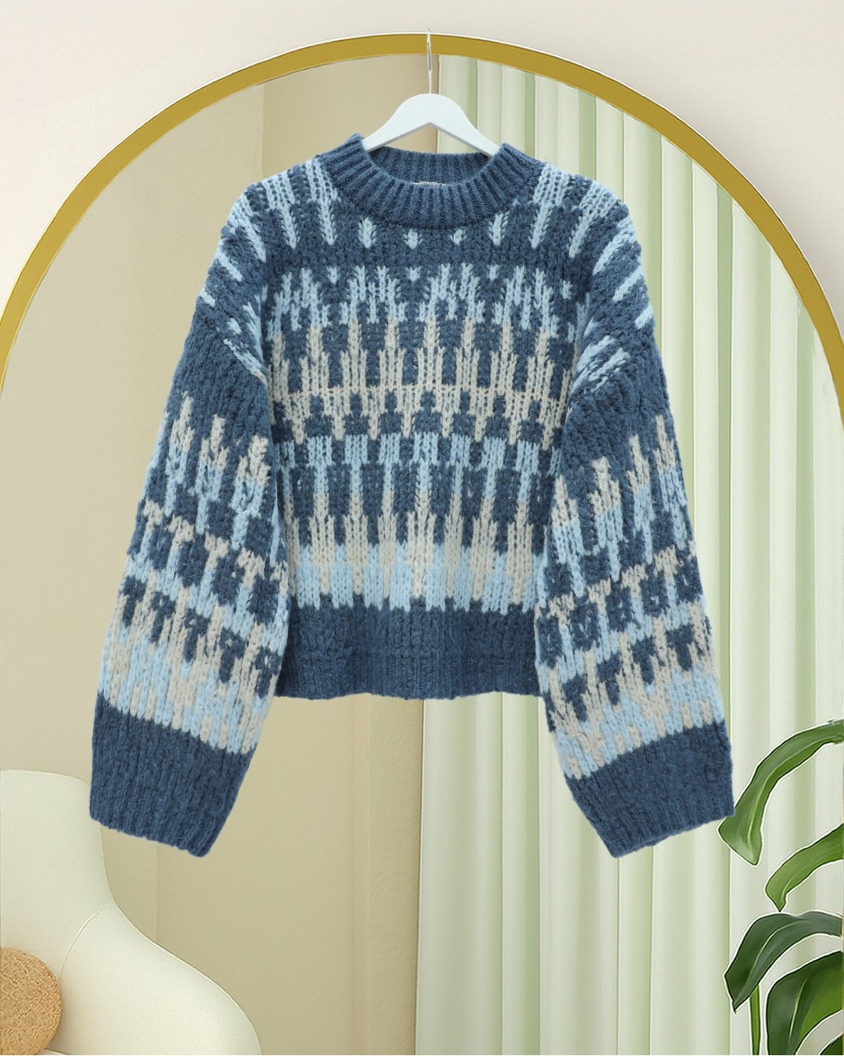 Moda Morfo Karışık Desenli Yuvarlak Yaka Örme Triko Kazak -İndigo görsel 3