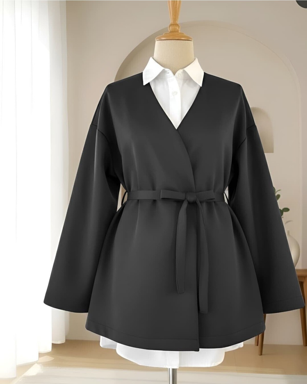 Moda Morfo Beli Kuşaklı V Yaka Scuba Kimono -Siyah görsel 2