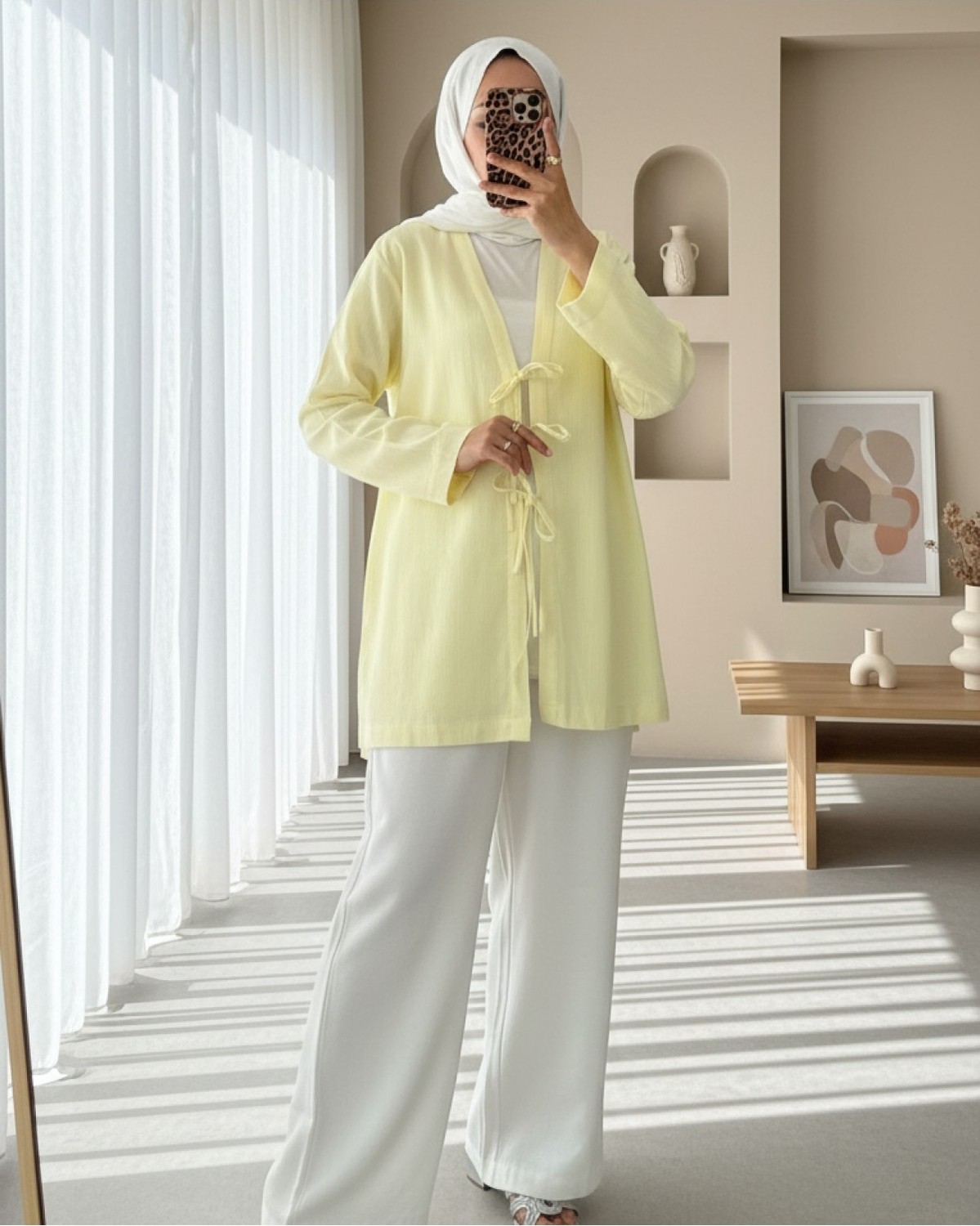 Moda Morfo Önü Üç Bağcıklı Keten Kimono -Pudra