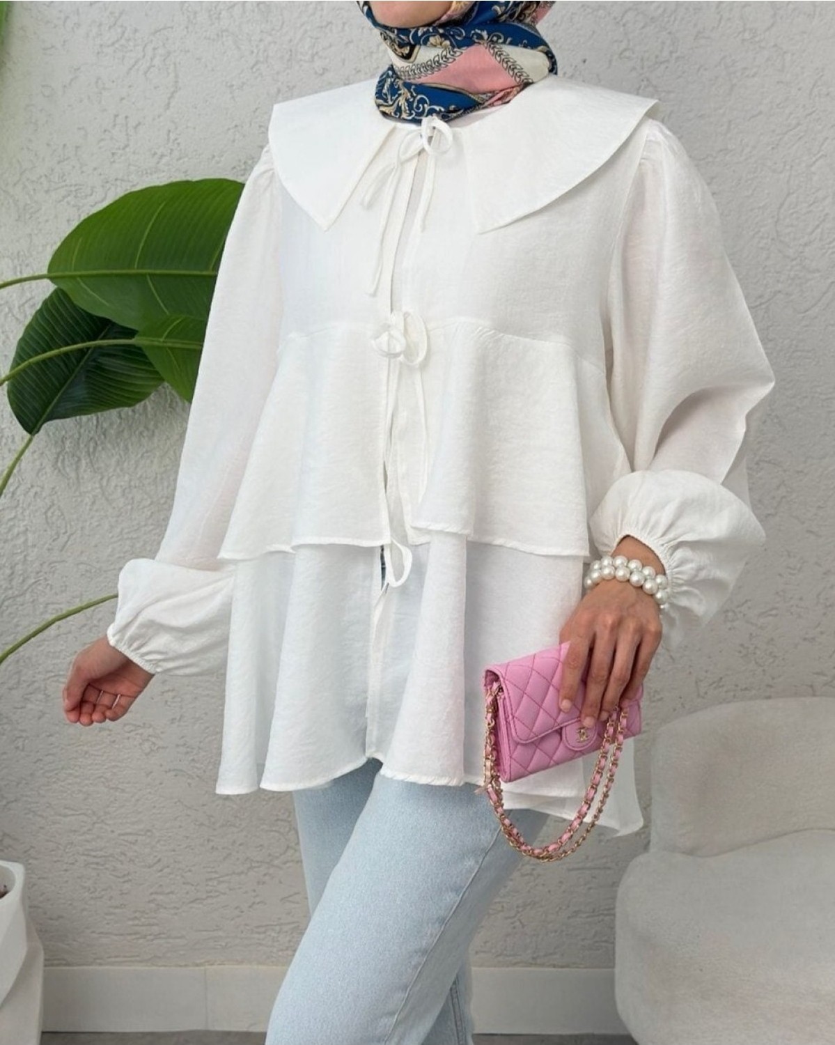 Moda Morfo Bebe Yaka Önü Bağcıklı Eteği Katlı Kimono -Beyaz görsel 3