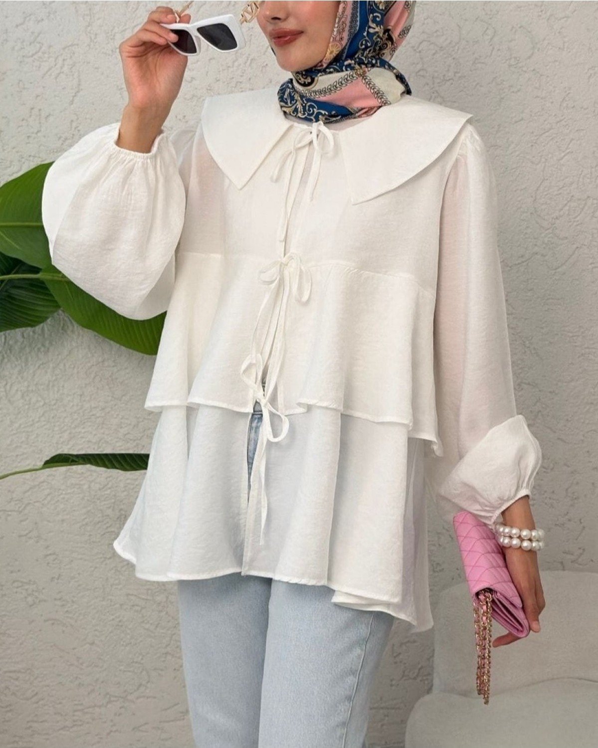 Moda Morfo Bebe Yaka Önü Bağcıklı Eteği Katlı Kimono -Beyaz görsel 4