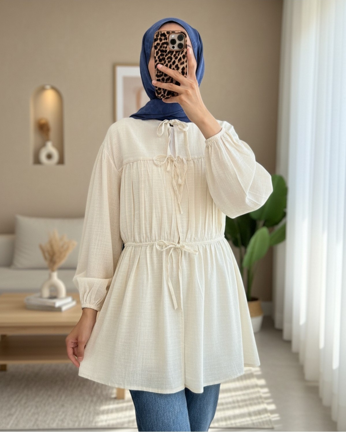 Moda Morfo Önü Bağlamalı Kolları Lastikli Gömlek -Ekru