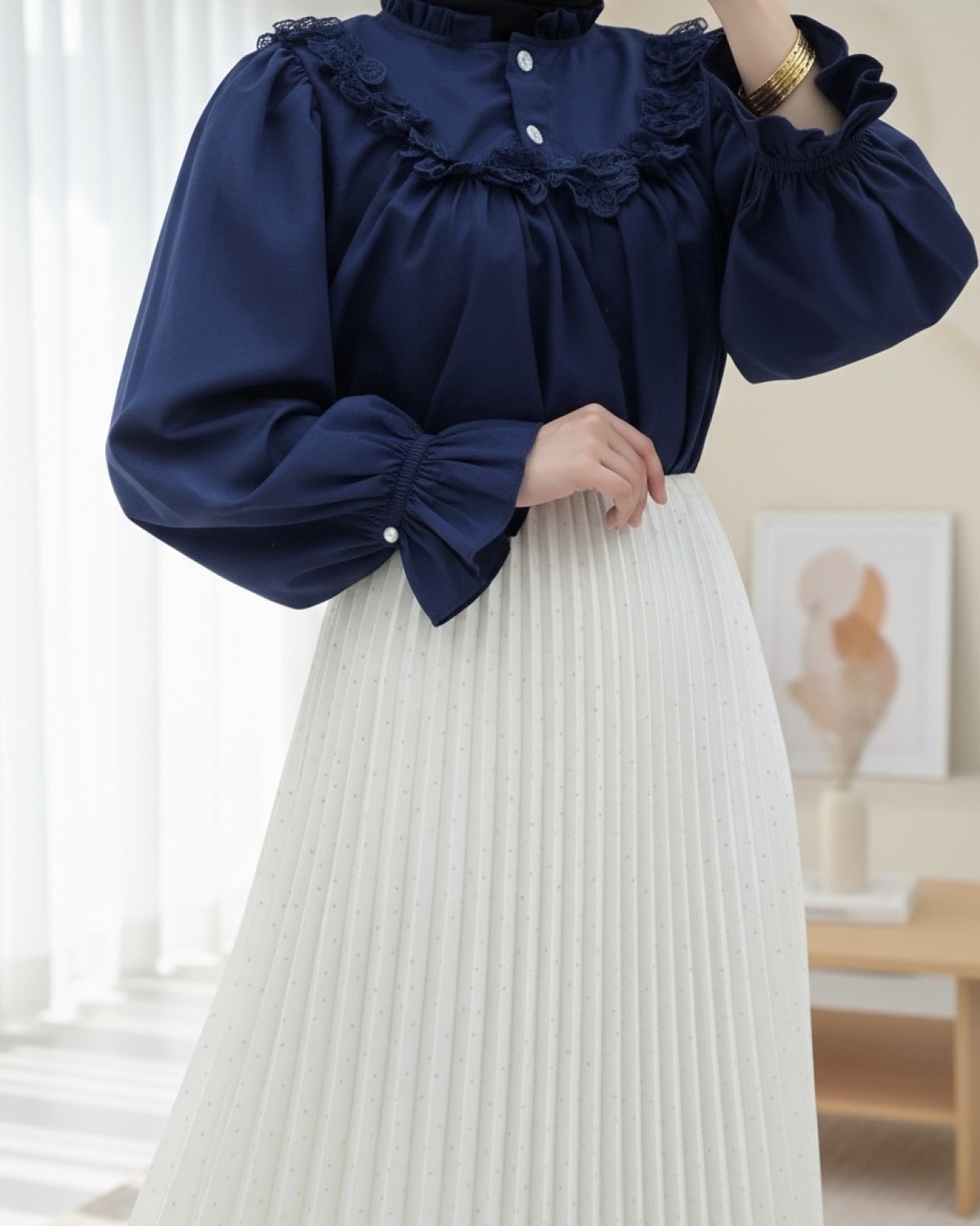 Moda Morfo Taşlı Pliseli Etek -Krem