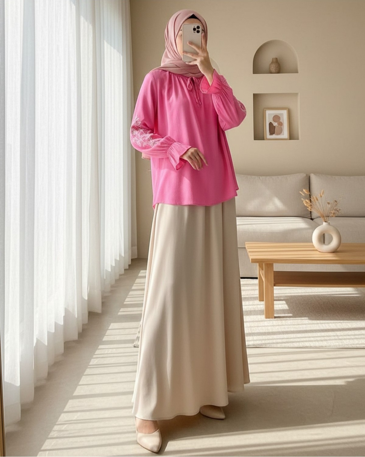 Moda Morfo Yakası Bağlamalı Kolu Nakışlı Lastikli Gömlek -Pembe
