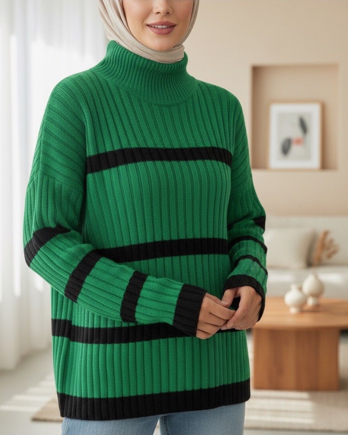 Moda Morfo Salaş Kollu Çizgili Triko Kazak -Fuşya