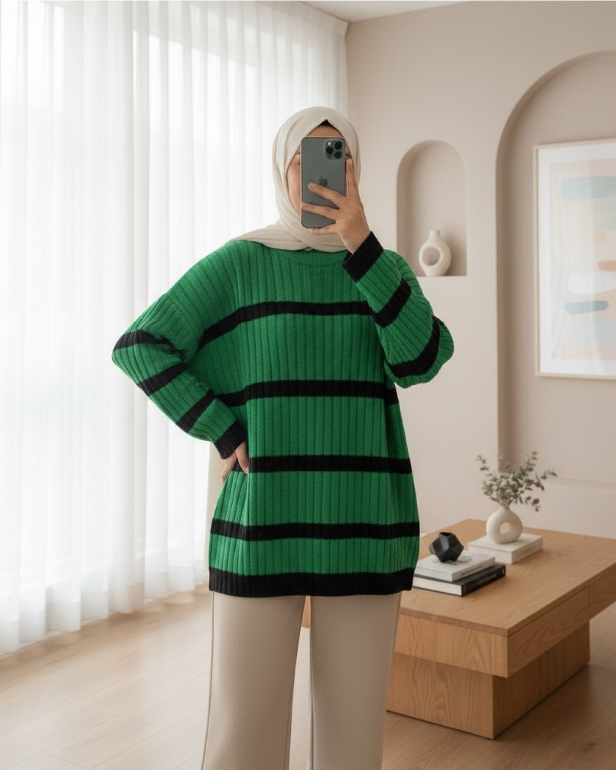Moda Morfo Salaş Kollu Çizgili Triko Kazak -Fuşya görsel 7