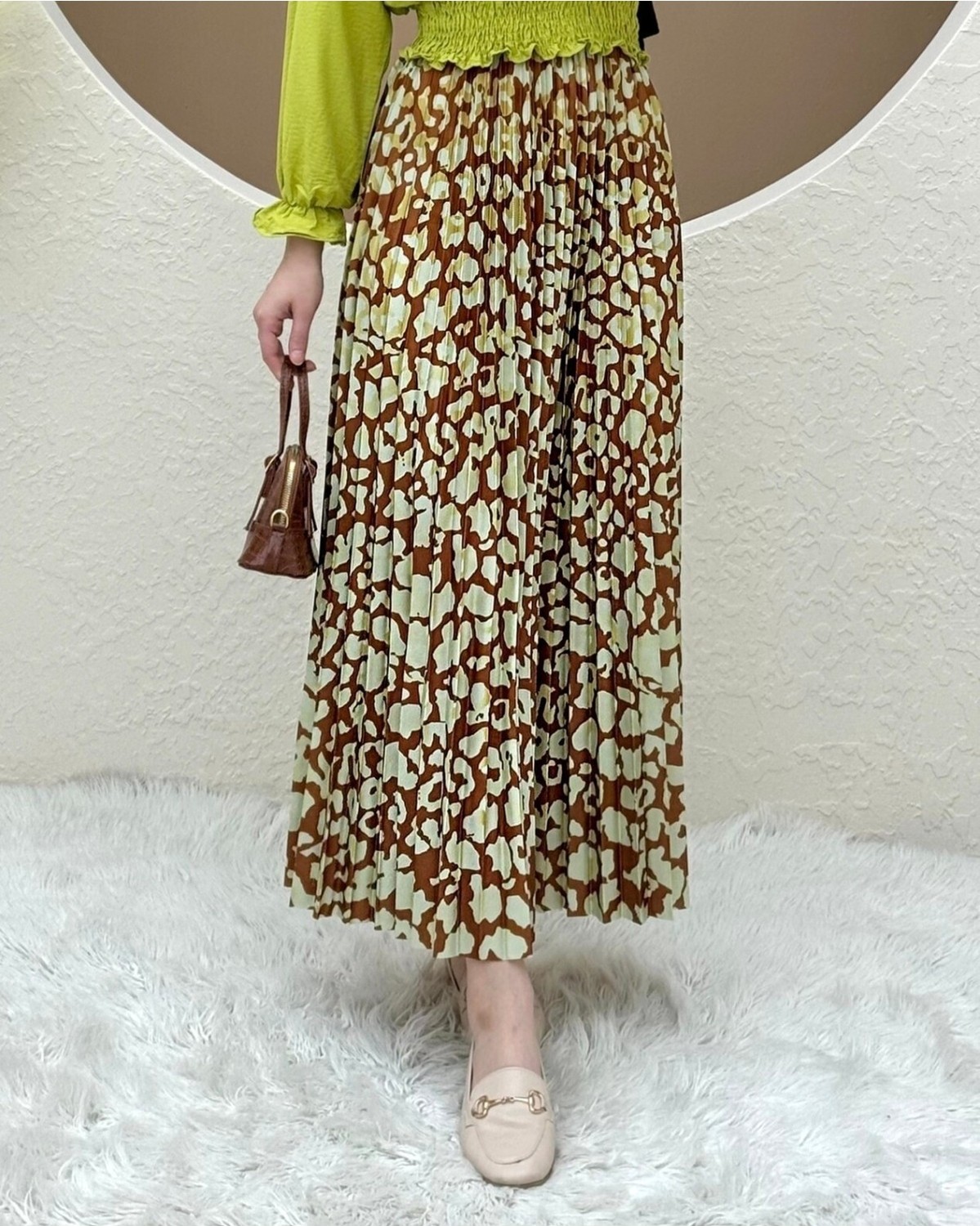 Moda Morfo Dijital Baskılı Pliseli Etek -Taba