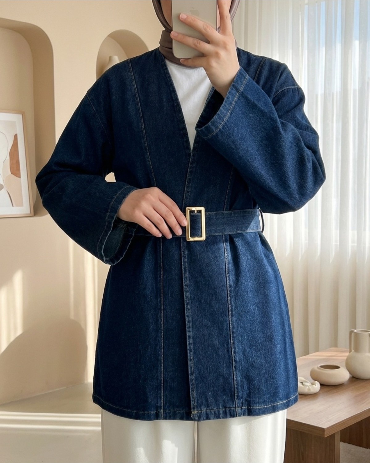 Moda Morfo Beli Kemerli Kot Kimono -Laci görsel 2