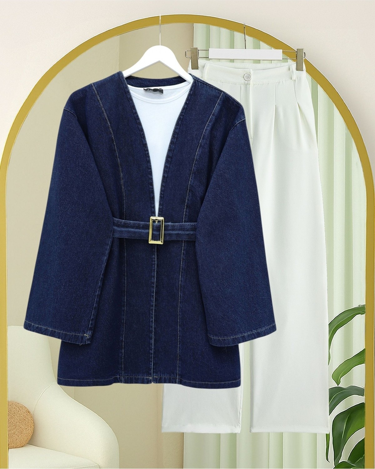 Moda Morfo Beli Kemerli Kot Kimono -Laci görsel 3