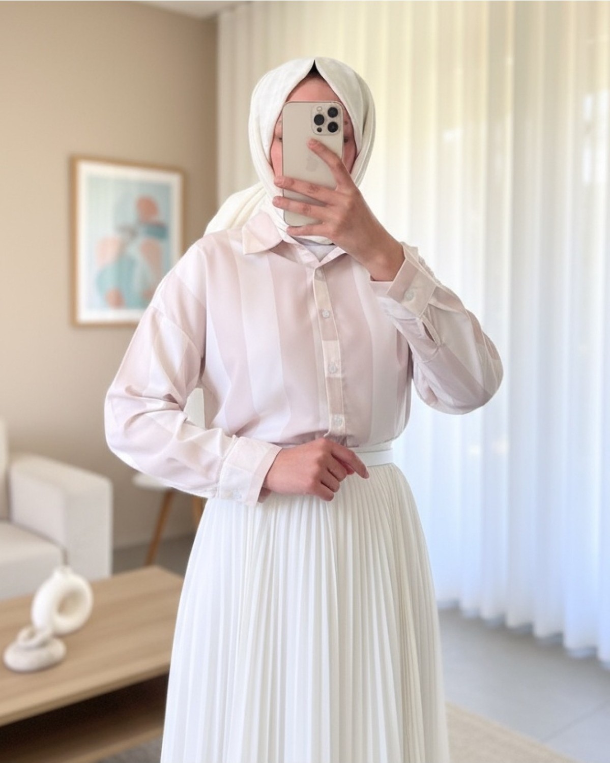 Moda Morfo Kalın Çizgili Düğmeli Gömlek -Vizon görsel 5