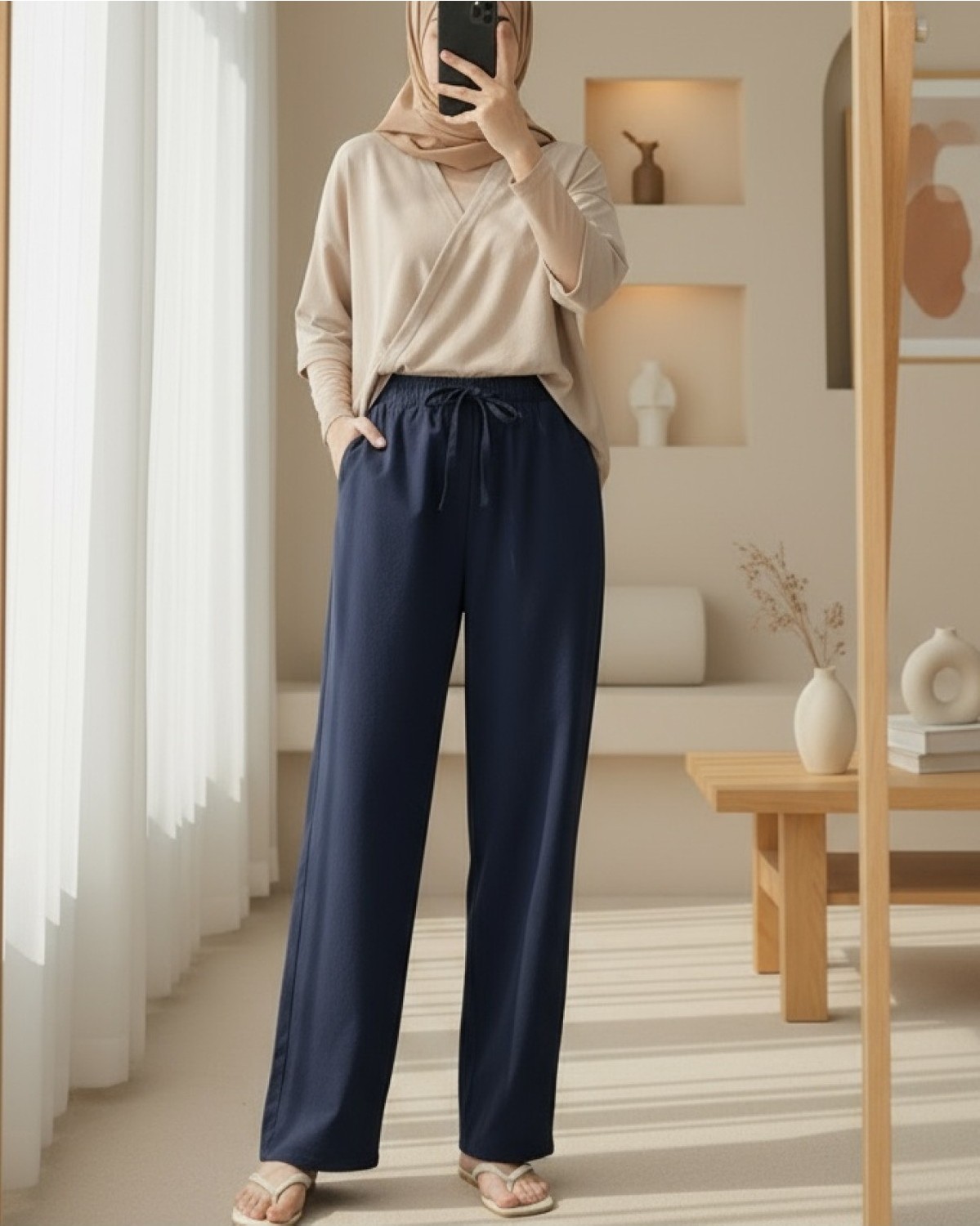 Moda Morfo Bağcık Detaylı Bol Paça Beli Lastikli Keten Pantolon -Kahve görsel 7