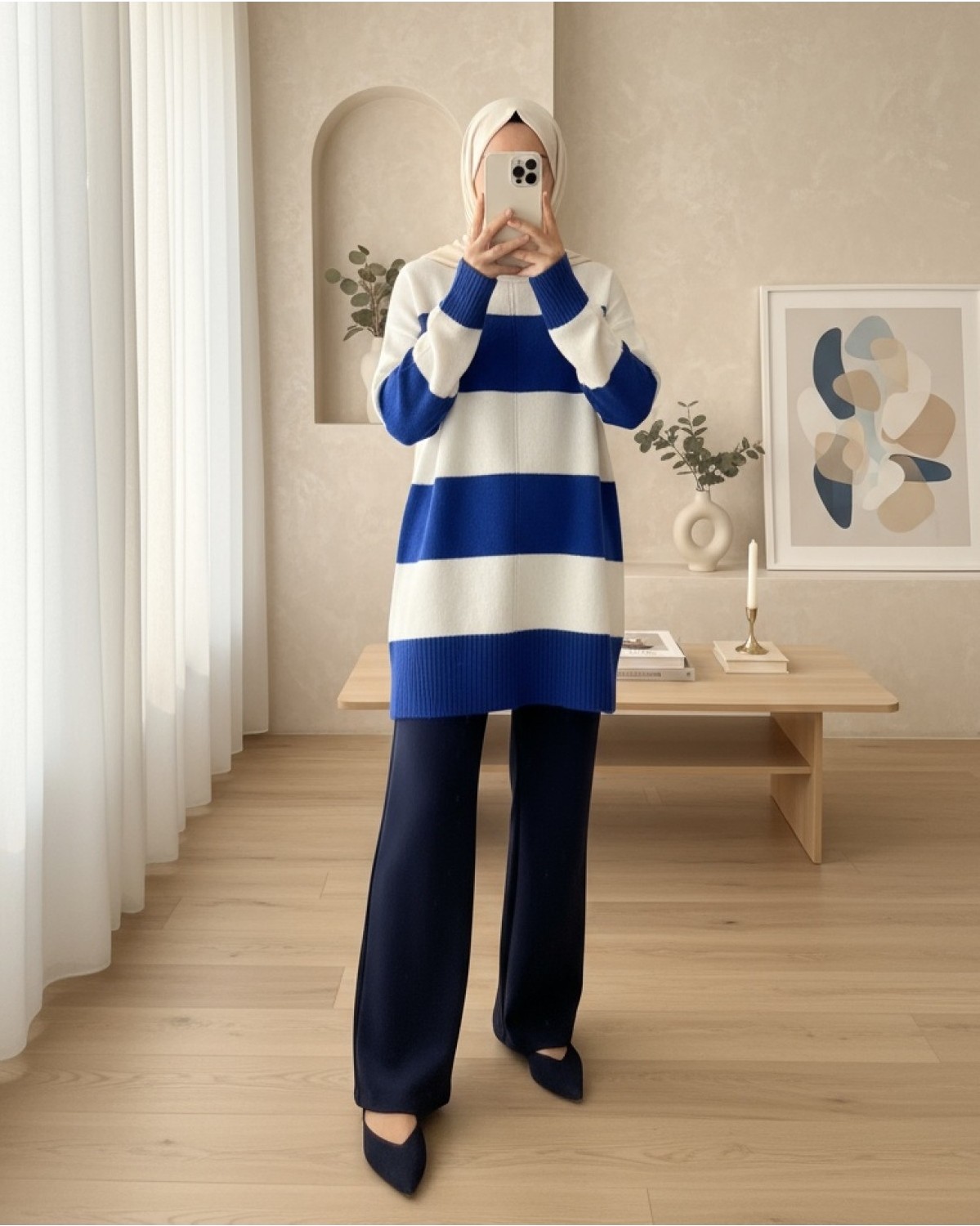 Moda Morfo Kalın Çizgili Triko Tunik -Yeşil görsel 2