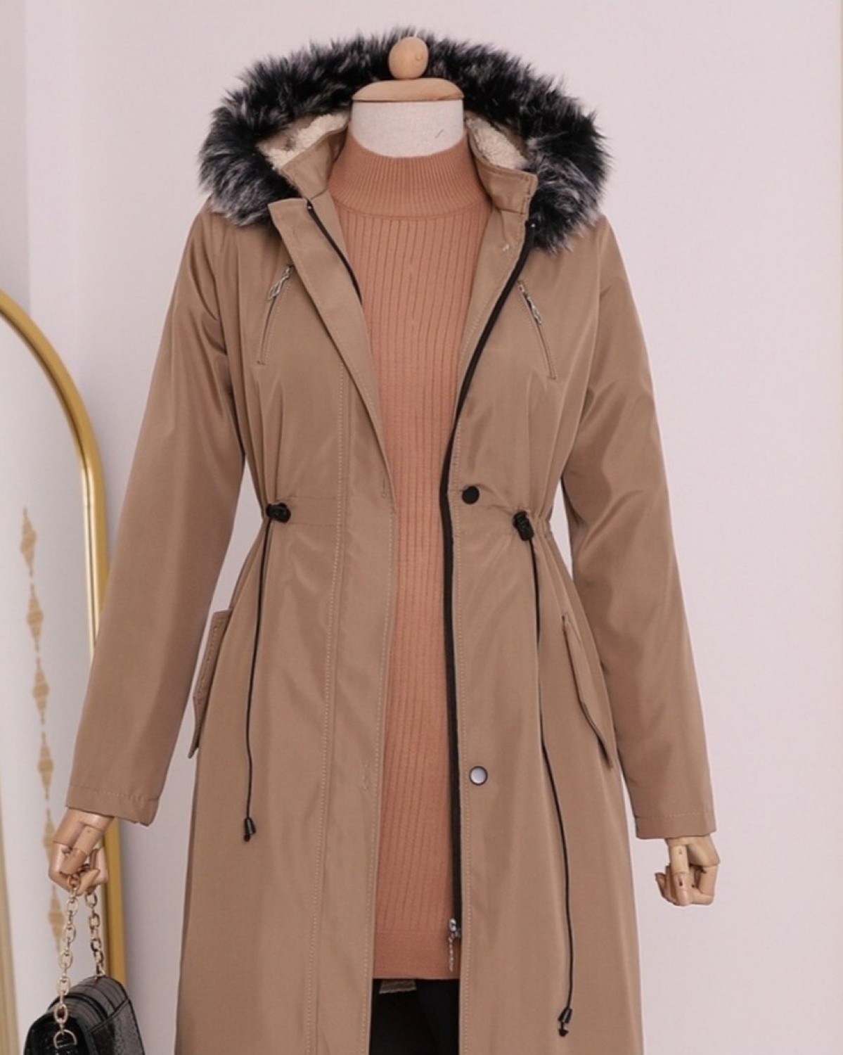 Moda Morfo Çıkma Kapşonlu Tünel Bağcıklı Kısa Kaban -Açık Vizon görsel 5