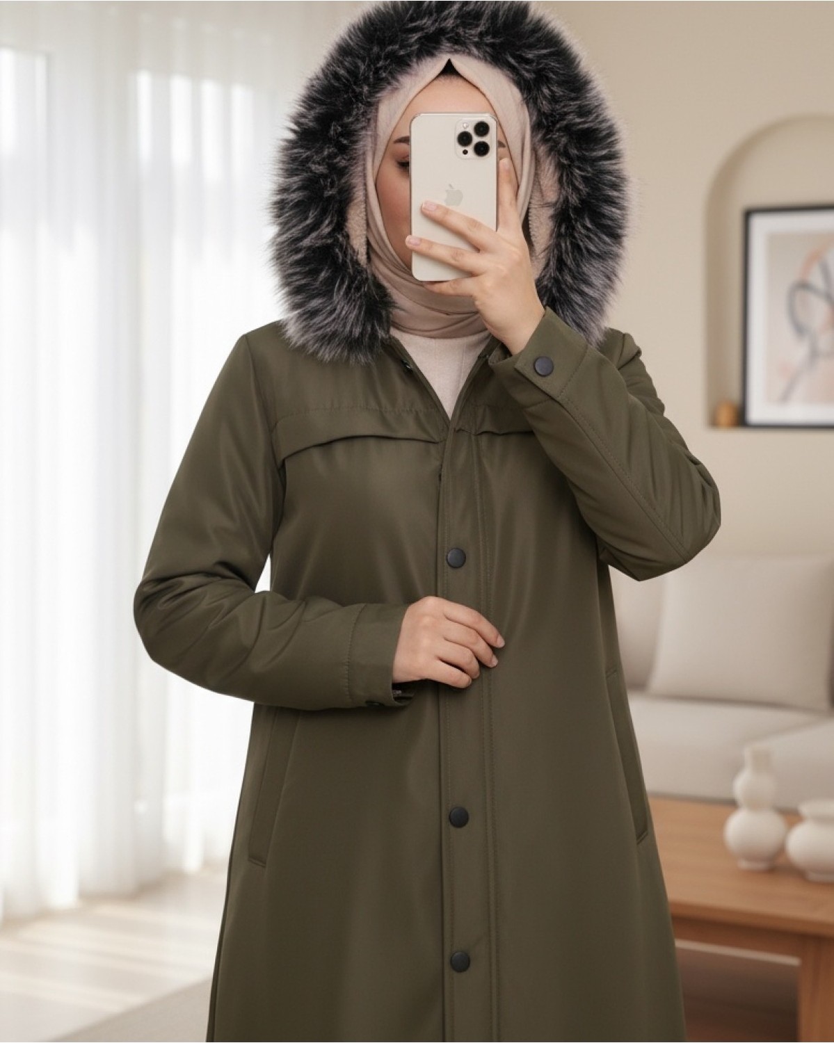 Moda Morfo Çıkma Kapşonlu Çıtçıtlı Cepli Kısa Kaban -Laci görsel 2