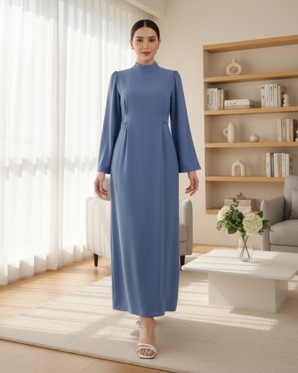 Moda Morfo Hakim Yaka Belden Bağlamalı Elbise -Zümrüt