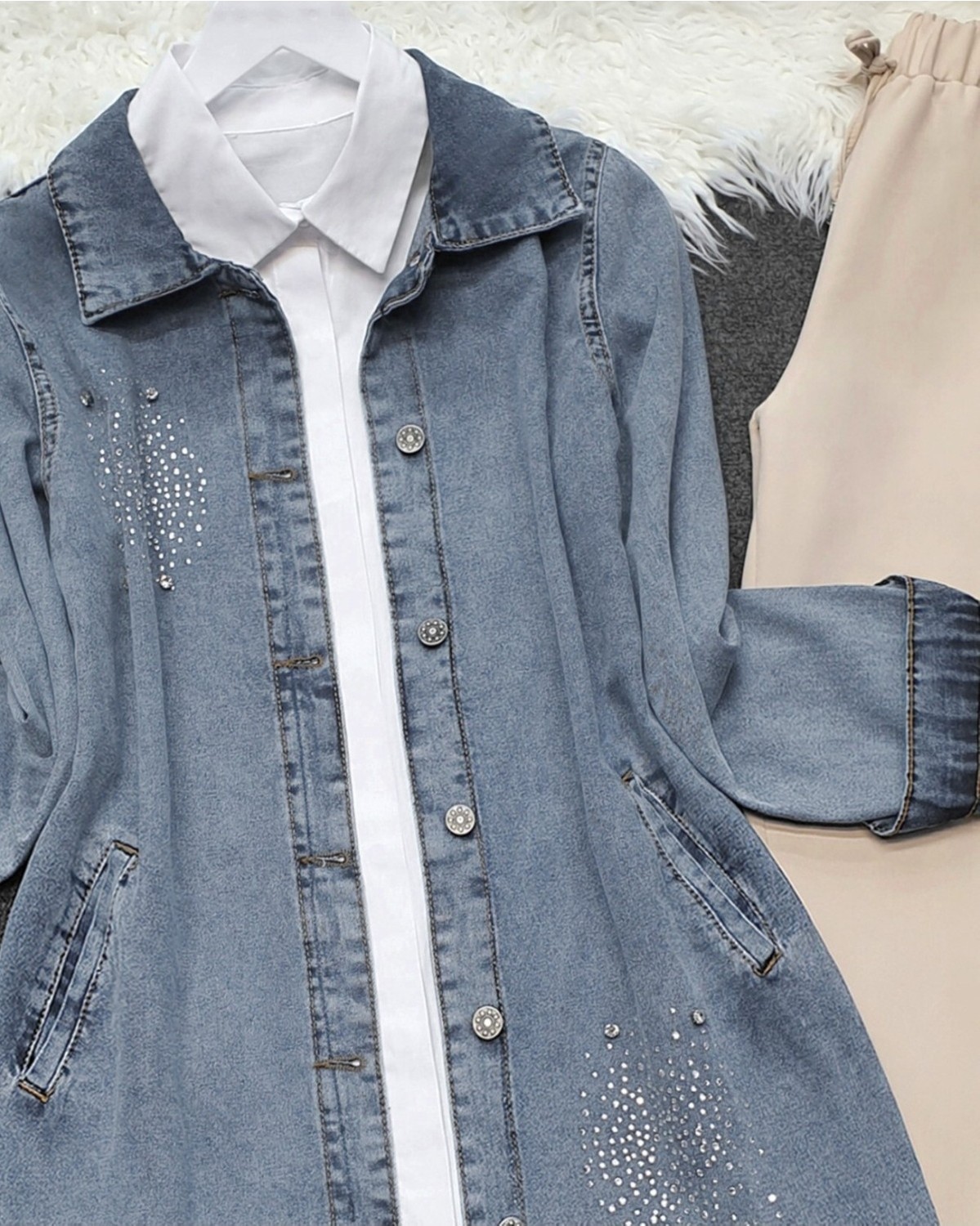 Moda Morfo Önü Taş Detaylı Çift Cepli Kot Ceket -Siyah görsel 3